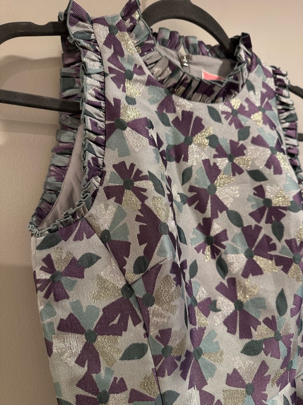 kate spade Moonglow wallflower ruffle Silver Dress Purple Floral Jacquard NWT 00 - Picture 7 of 16